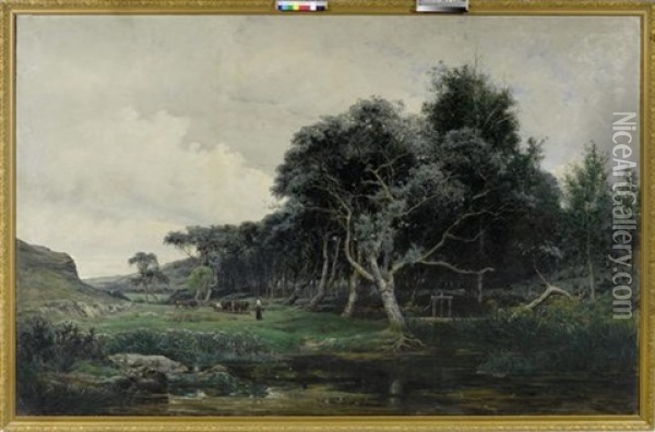 Landschaft Mit Einer Bauerin Am Flussufer Oil Painting - Henri Saintin