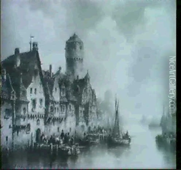 Mittelalterliche Stadt An Einem Fluss Oil Painting - Ludwig Hermann