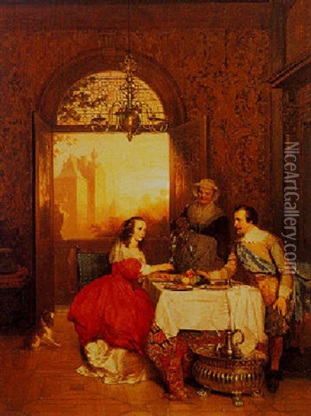 Elegant Figures In An Interior Oil Painting - Hubertus van Hove