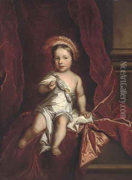 Portrait of a young boy, seated full-length, wearing a white tunic, a red curtain beyond Oil Painting - Sir Godfrey Kneller