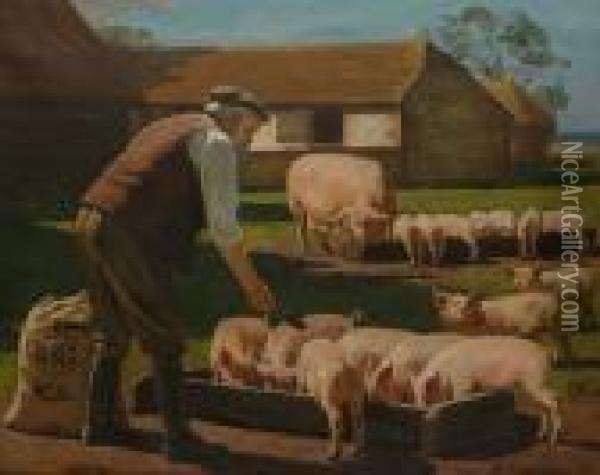 Feeding The Pigs With Bibby Pig Meal. Oil Painting - William Gunning King