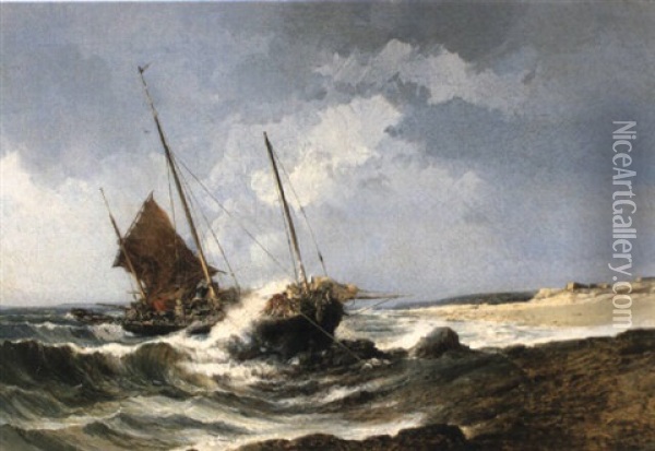 Zwei Boote Vor Der Kuste Oil Painting - Jules Achille Noel