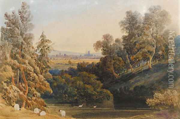 A distant view of Gloucester Oil Painting - George Fennel Robson