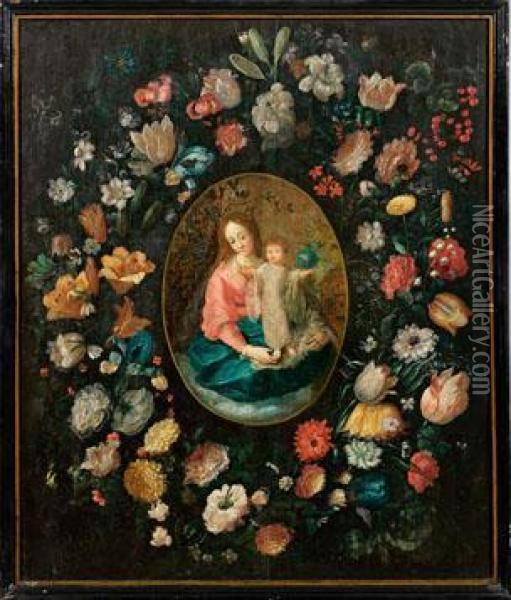 Hl. Maria Mit Kind In Einem Ovalen Blutenkranz Oil Painting - Frans II Francken