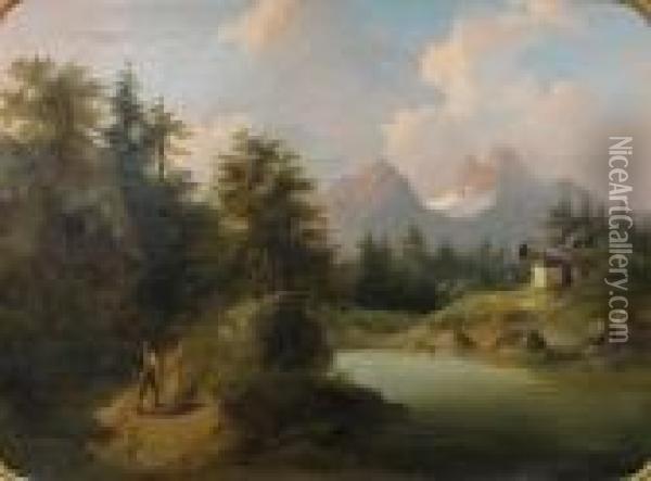 A Mountainous Landscape With A Figure Walkingon A Path Along A River Oil Painting - Gustav Barbarini