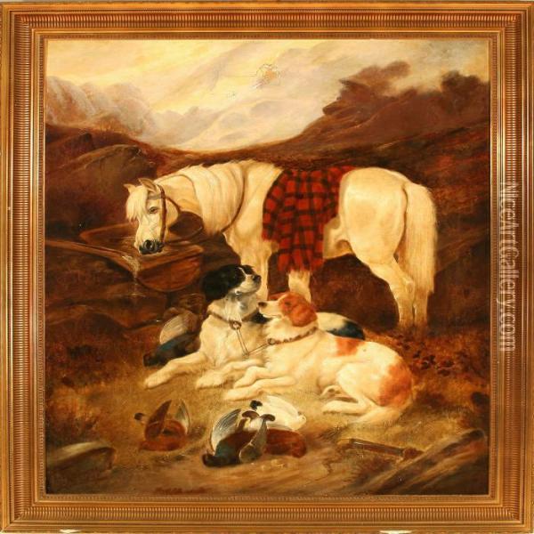 A Horse And Two Dogs Resting In The Mountains Oil Painting - John Gifford