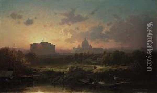 Rome At Sunset With St. Peters And The Castel Sant'angelo Oil Painting - Antoine Ponthus-Cinier