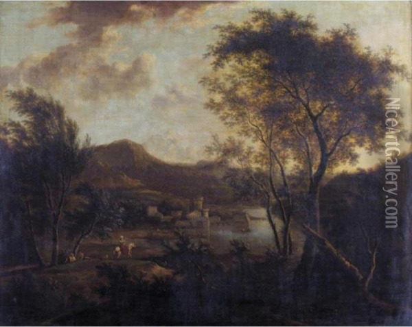 An Extensive Wooded River Landscape With Travellers Oil Painting - Frederick De Moucheron