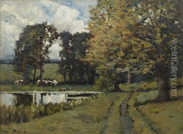 Cattle Grazing By A Woodland Pool Oil Painting - Samuel Reid