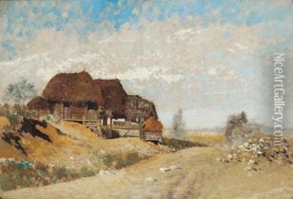 Attributed Landscape With Red Roofed Farm Houses Oil Painting - Rudolf Ribarz