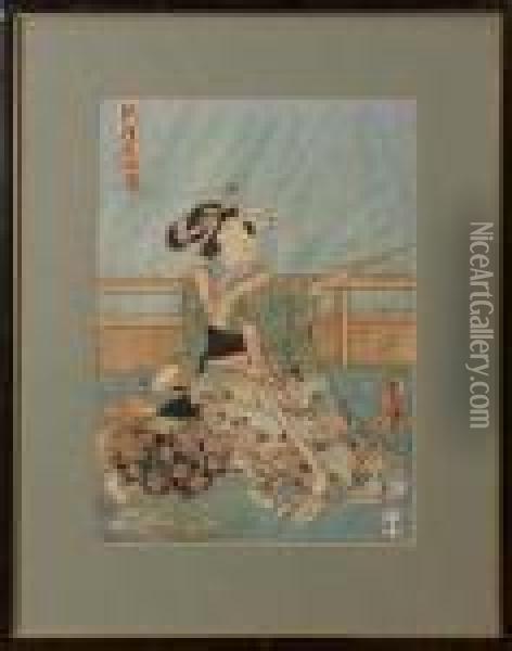 Geisha Mit Essenskorb Und Die Pfeife Zureichend Oil Painting - Utagawa Toyokuni Iii