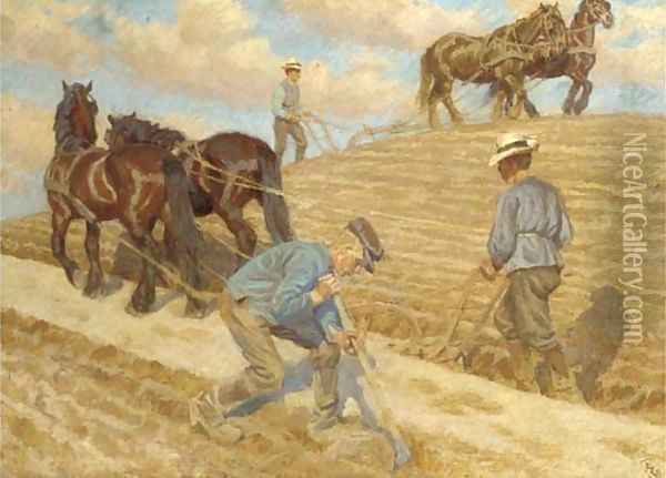 The plough team at work Oil Painting - English School