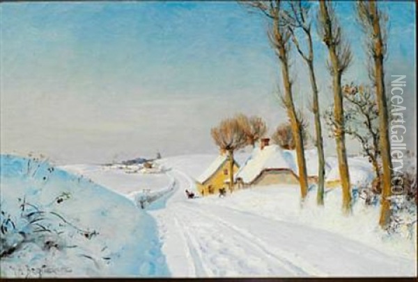 Sunny Winter Day With Children Playing In The Snow Oil Painting - Hans Andersen Brendekilde