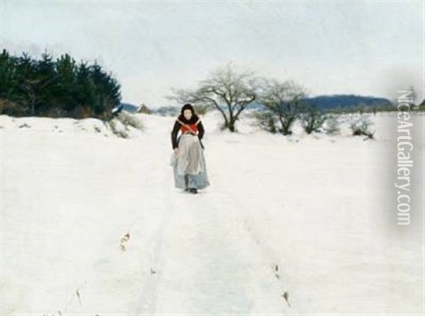 A Peasant Woman On A Snowy Path Oil Painting - Hans Andersen Brendekilde