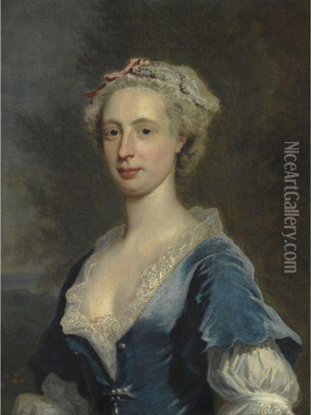 Portrait Of A Lady, Wearing A Blue Dress And Lace Collar Oil Painting - Joseph Highmore