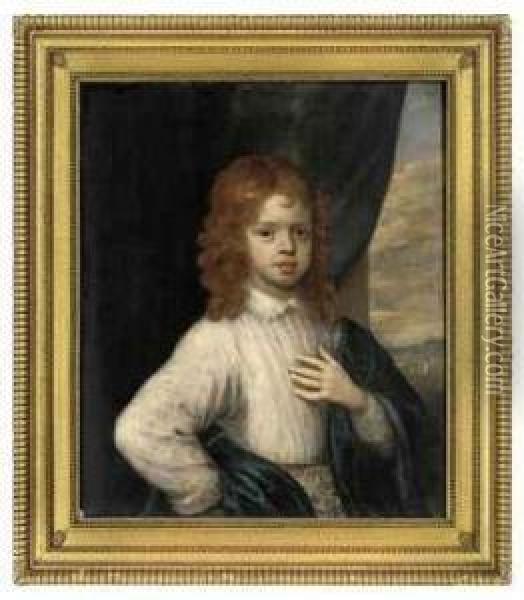 Portrait Of A Young Boy, Half-length, In A White Shirt And Bluewrap Oil Painting - Gerard Soest