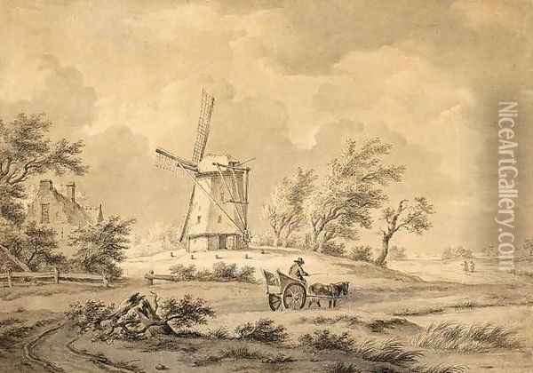 Horse and Carriage Near a Windmill Oil Painting - Andreas Schelfhout
