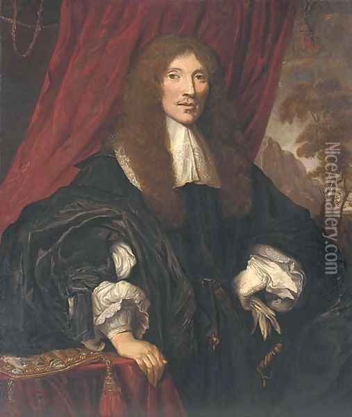 Portrait of a gentleman, half-length, in a black gown with lace collar and cuffs Oil Painting - Sir Peter Lely