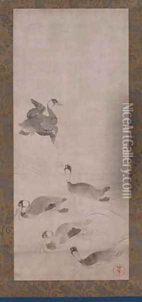 Waterfowl, one of a pair of hanging scrolls, Edo period Oil Painting - Anonymous Artist