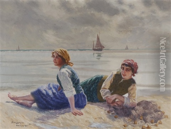Women With Oysters Oil Painting - Emil (Harald Emanuel) Lindgren