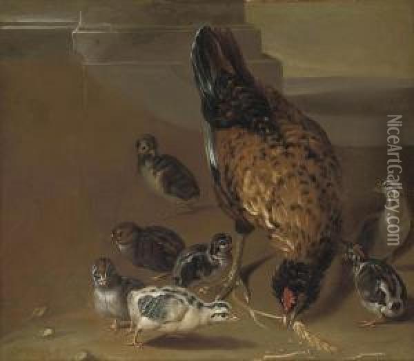 A Hen And Her Chicks Oil Painting - Pieter Van Boucle