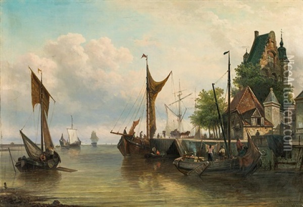 Sailing Ships In The Harbour Oil Painting - Elias Pieter van Bommel
