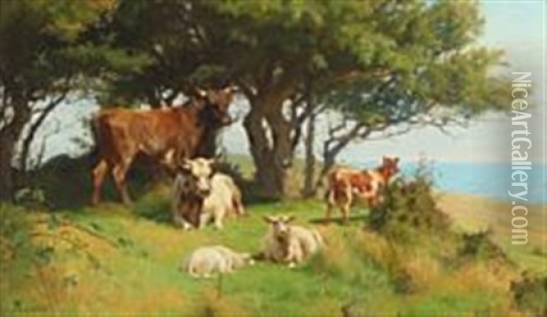 Hilly Landscape With Grazing Cattle And Sheep Oil Painting - Adolf Heinrich Mackeprang