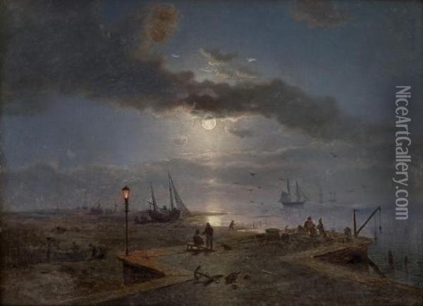 Harbour By Moonlight Oil Painting - Morten Muller