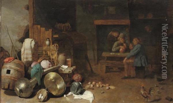 Peasants Drinking And Smoking In A Barn With Kitchen Utensils In The Foreground Oil Painting - Frans, Francois Ryckhals