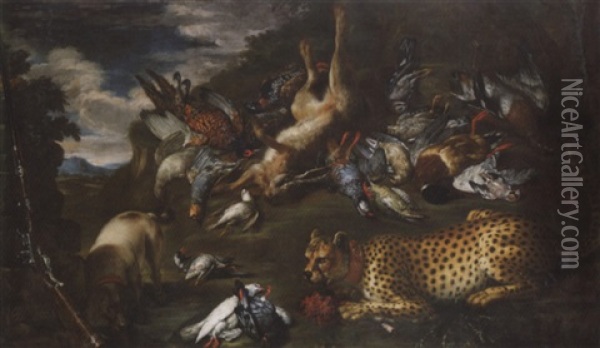 A Hunting Still Life With A Dead Hare, A Pheasant, A Mallard And Other Birds, With A Pointer And A Cheetah Oil Painting - Philipp Ferdinand de Hamilton