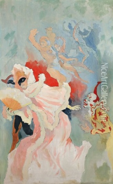 Fc Clown, Arlequin Et Colombine Au Bal Masque Oil Painting - Jules Cheret