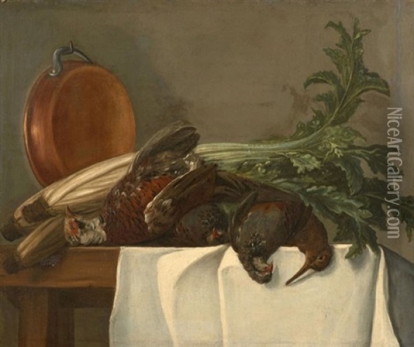 Perdreaux, Becasse Et Cuivre Sur Un Entablement Et Choux, Legumes Et Cuivres Sur Un Entablement (pair) Oil Painting - Etienne Jeaurat
