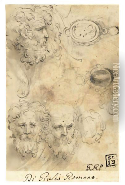 A Sheet Of Studies With Four Heads Of Bearded Men, One In Profile, And Three Studies Of Pendant Jewels, One With A Standing Figure And Another With An Oval Portrait Oil Painting - Girolamo Francesco Maria Mazzola (Parmigianino)
