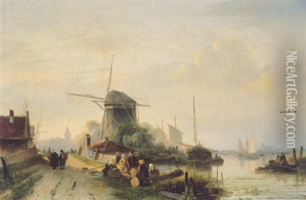 Figures In A River Landscape Near A Windmill Oil Painting - Cornelis Petrus T' Hoen