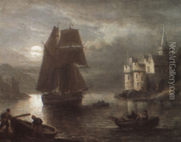 Shipping In The Mouth Of The Dart, By Moonlight Oil Painting - Thomas Luny