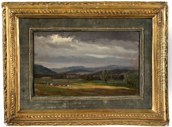 Storm Clouds Over A Landscape, With Cattle Oil Painting - Josef Willroider