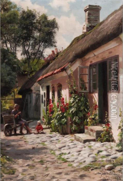 Figures Outside A Cottage, Saeby Oil Painting - Peder Mork Monsted