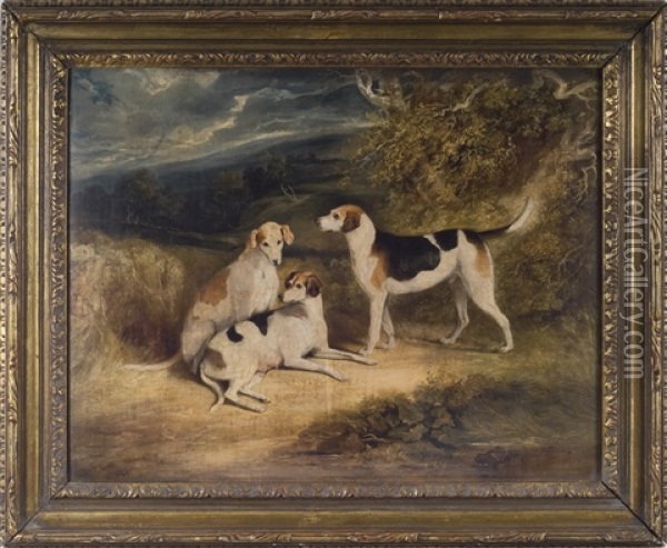 Three Hunting Dogs In A Landscape Oil Painting - Henry Perlee Parker