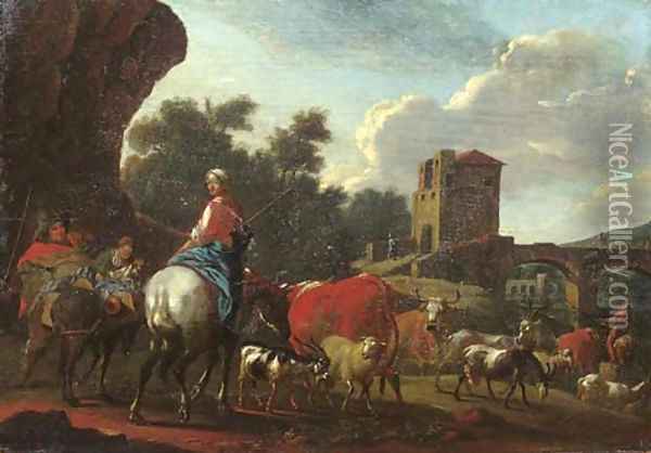 Cowherds with cattle, sheep and goats crossing a river by a bridge in an Italianate landscape Oil Painting - Nicolaes Berchem