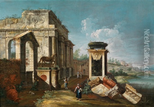 Figuren In Einer Ruinenlandschaft Oil Painting - Francesco Albotto