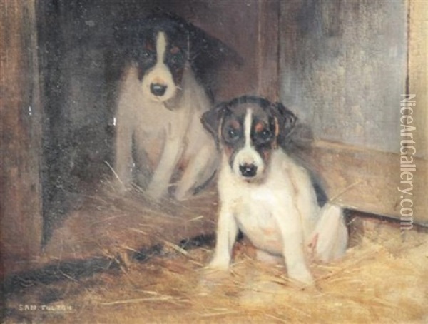 Puppies In A Kennel Oil Painting - Samuel Fulton