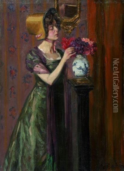 Junge Frau Im Interieur Mit Einem Blumenstraus Oil Painting - Gottfried Albert Maria Bachem