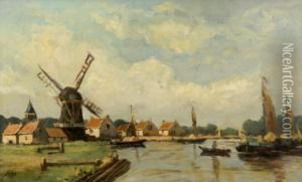 A Dutch Canal Scene With Barges To The Foreground And A Windmill In The Background Oil Painting - Johannes Karel Leurs