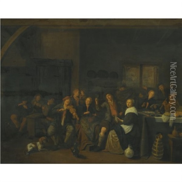 A Tavern Interior With Numerous Peasants Making Music And Merry Making Oil Painting - Jan Miense Molenaer