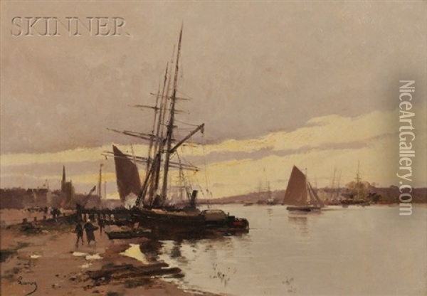Ships At Harbor Oil Painting - Hendrik Savry