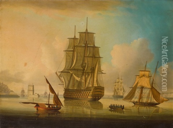 A British 1st Rate Ship-of-the-line Off Belem Castle On The Tagus Oil Painting - Thomas Buttersworth Jr.