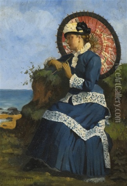 An Elegant Lady By The Shore With A Pink Parasol Oil Painting - Albert Auguste Fourie