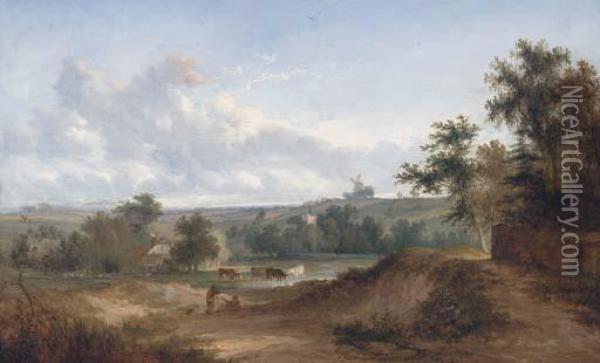 Drovers Resting In An Extensive Landscape, A Windmill Beyond Oil Painting - Henry John Boddington