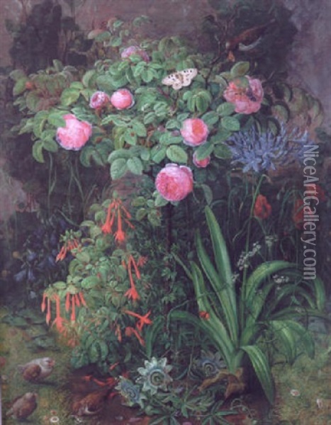 Rosentrae Omgivet Af Passionsblomster Og Fuchsia, Desuden Graspurve Og Sommerfugl Oil Painting - Christine Marie Lovmand