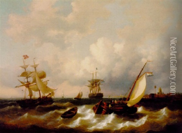 A Dutch Frigate Amidst Other Shipping Off The Coast Oil Painting - George Willem Opdenhoff
